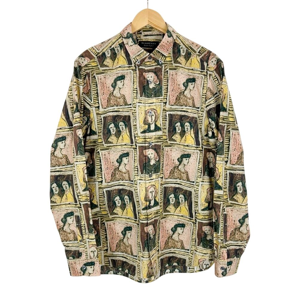 Burberry Framed Heads Button Down Shirt Mens Medium Multicolor Print Long Sleeve